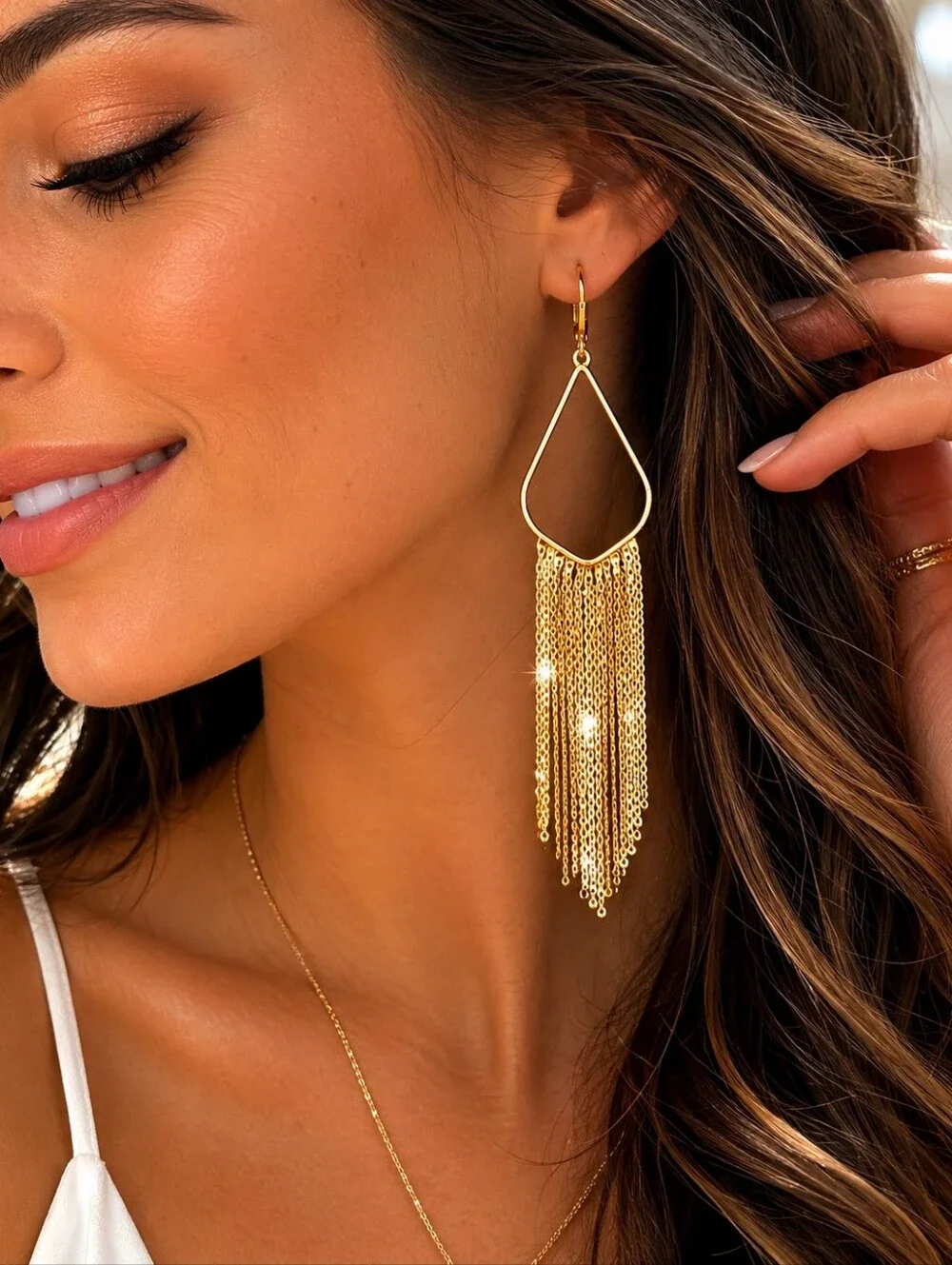 Gold Teardrop Chain Fringe Earrings | Statement Dangle | 3